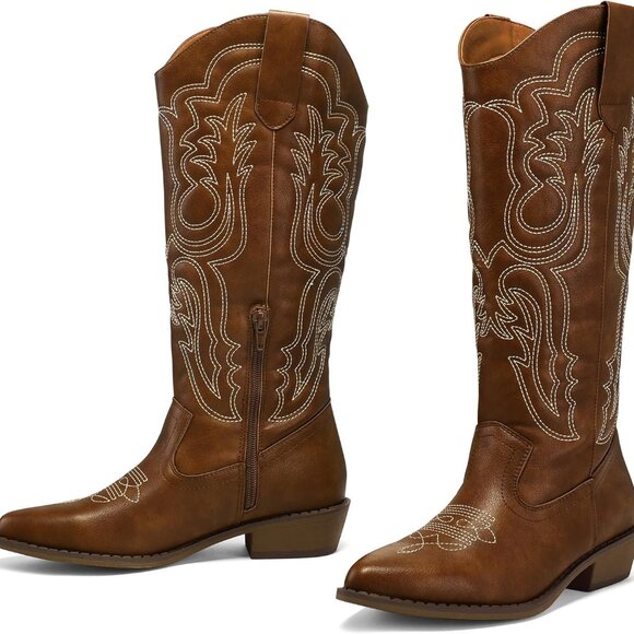 Women's Cowgirl Boots Leather Mid Calf Western Embroidered Pointed Toe - Picture 4 of 7